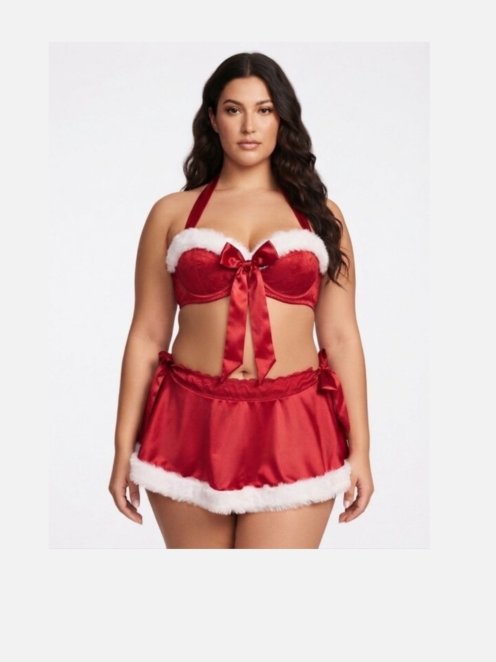 Dolls Kill Red Holiday Bra & Skirt Set with White Faux Fur Trim